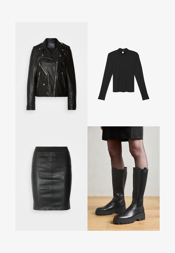 Veste de biker en cuir noir avec fermeture éclair asymétrique, quincaillerie argentée et plusieurs poches zippées. Présente un col à revers et des épaulettes.; Haut noir en maille côtelée à manches longues, col montant et petite fermeture bouton à œillet dans le dos.; Jupe crayon noire en cuir lisse, dotée d'une taille élastique pour une silhouette ajustée et un design minimaliste.; Bottes noires jusqu'au genou avec un extérieur en cuir lisse, des panneaux latéraux en élasthanne et une semelle en caoutchouc épaisse avec un motif de semelle texturé.