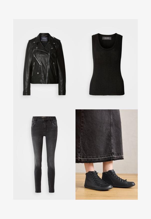 Schwarze Leder-Bikerjacke mit asymmetrischem Reißverschluss, silbernen Beschlägen und mehreren Reißverschlusstaschen. Mit Reverskragen und Schulterklappen.; Mos Mosh RELENA IMANJA TANK - Top - black; Schwarze Slim-Fit-Jeans aus Denim, mit einem frontalen Knopfverschluss, Nietenverzierungen an den Taschen und einer glatten Textur.; Schwarze Leder-Hochschuhe mit glatter Oberfläche, ausgestattet mit Schnürsenkeln und einem seitlichen Reißverschluss. Getragen mit einem langen schwarzen Jeansrock.
