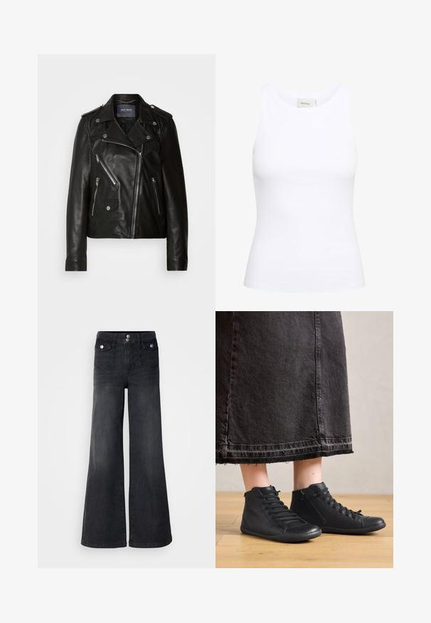 Veste de biker en cuir noir avec fermeture éclair asymétrique, quincaillerie argentée et plusieurs poches zippées. Présente un col à revers et des épaulettes.; Débardeur blanc côtelé avec un col rond et sans manches. Tissu extensible et design ajusté. Étiquette au dos indiquant "GESTUZ."; Jean large en denim noir avec taille haute, boutons sur le devant et deux poches avant ; texture lisse avec une légère finition décolorée.; Chaussures montantes en cuir noir avec une texture lisse, dotées de lacets et d'une fermeture éclair sur le côté. Portées avec une longue jupe en denim noire.