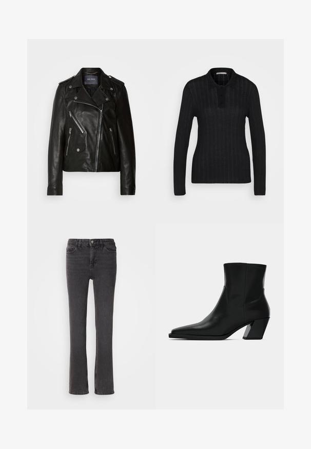 Schwarze Leder-Bikerjacke mit asymmetrischem Reißverschluss, silbernen Beschlägen und mehreren Reißverschlusstaschen. Mit Reverskragen und Schulterklappen.; Anna Field Poloshirt - black; Schwarze Denim-Jeans mit geradem Bein, ausgestattet mit Fronttaschen, einem Reißverschluss und dezenten Steppdetails. Der Stoff hat eine leichte Textur.; Schwarze Leder-Stiefelette mit spitzem Zeh, schlanker Silhouette und klobigem quadratischem Absatz. Glatte Textur mit minimalen Nähdetails.