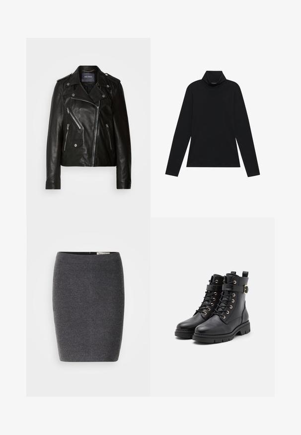 Schwarze Leder-Bikerjacke mit asymmetrischem Reißverschluss, silbernen Beschlägen und mehreren Reißverschlusstaschen. Mit Reverskragen und Schulterklappen.; Schwarzes langärmeliges Rollkragenshirt. Weicher Stoff, enganliegendes Design, hoher Kragen und seitliche Nähte. Schlichter und vielseitiger Stil, der sich gut für das Layering eignet.; Grauer Wollbleistiftrock mit glatter Textur und enger Passform, ausgestattet mit einem diskreten Bund und ohne sichtbare Verzierungen.; Schwarze Leder-Stiefeletten mit runder Spitze, Schnürdesign, goldenen Ösen, Schnallenakzent und einer klobigen, strukturierten Sohle.