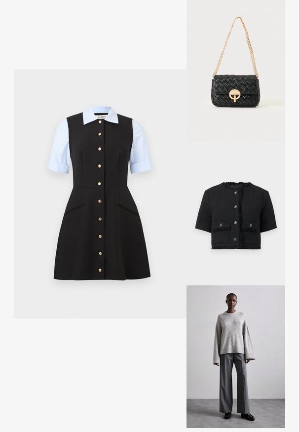 Veste courte noire à manches courtes avec bordure à franges, poches avant et six boutons décoratifs en strass.; Robe noire sans manches avec des boutons dorés sur le devant, associée à des manches courtes bleu clair et un col, dotée de deux poches latérales.; Pull en maille gris avec des manches larges et un ourlet côtelé, assorti à un pantalon gris taille haute avec un motif à carreaux discret et des mocassins noirs.; Sac à main noir en cuir tressé avec une bandoulière chaîne dorée et un fermoir rond doré à l'avant, posé sur un fond uni et clair.