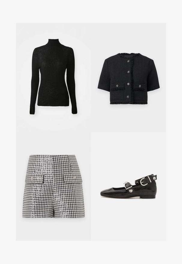 Veste courte noire à manches courtes avec bordure à franges, poches avant et six boutons décoratifs en strass.; Pull en maille côtelée noir à manches longues, col roulé, coupe ajustée et texture subtile sur fond blanc.; Mini-jupe à motif pied-de-poule noir et blanc avec deux poches avant à rabat et boutons décoratifs.; Ballerine en cuir verni noir avec un bout carré, sangle de cheville avec des détails en métal argenté et semelle plate. Texture lisse avec un design minimaliste.