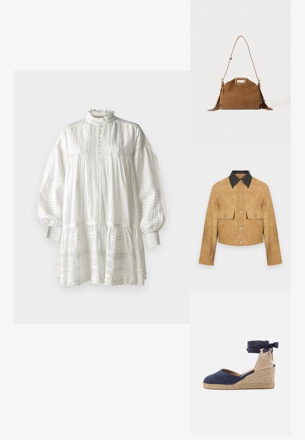 Tan læder cropped jakke med sort krave, som har to frontlommer og trykknaplukning. Glat tekstur med en mat finish.; Vanessa Bruno DIANE - Hverdagskjole - blanc; Marineblå espadrille-sandal med hæl i tekstureret tan og hvidt vævet materiale, med stofrem omkring anklen og naturlig jute-indpakning på sålen.; Brun ruskindshåndtaske med topudskåret håndtag, lang justerbar skulderrem og frynser på begge sider.