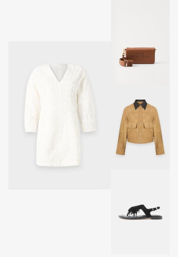 Tan læder cropped jakke med sort krave, som har to frontlommer og trykknaplukning. Glat tekstur med en mat finish.; Hvid kjole med V-udskæring, trekvartærmer og teksturerede blomster mønstre. Lige skåret med en glat finish og lynlås i ryggen.; Sort flad sandal med lædersål, frynset ruskindsrem over tæerne og justerbar ankelrem med spænde på hvid baggrund.; Brun læder mini taske med prægede bogstaver, en lynlås lukning og en aftagelig rem til alsidig bæring. Guld accenter inkluderet.