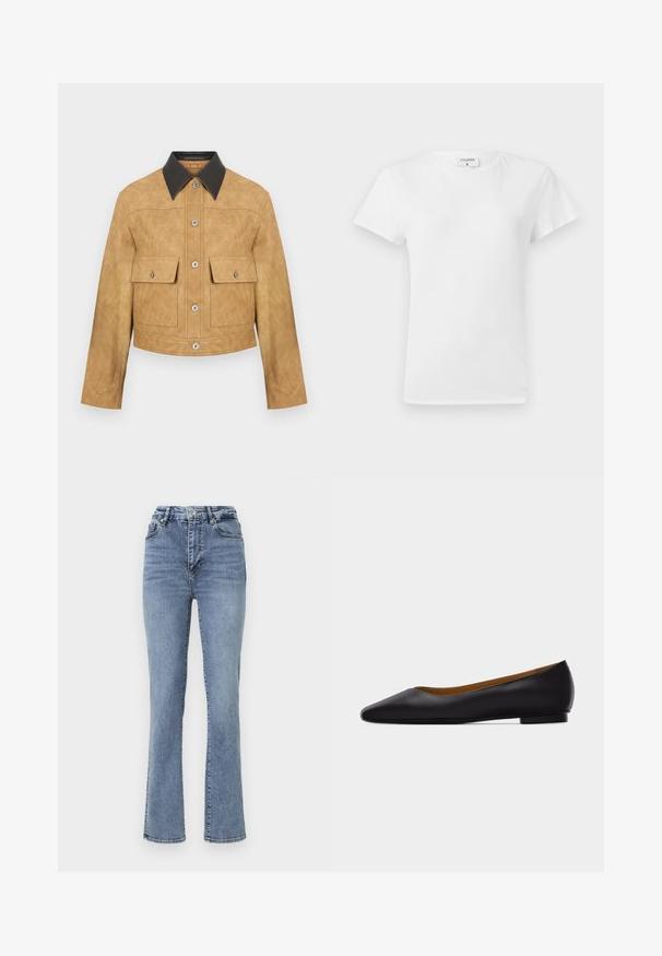 Karamelgekleurde leren cropped jack met een zwarte kraag, voorzien van twee voorzakken en een drukknoopsluiting. Gladde textuur met een matte afwerking.; Witte katoenen t-shirt met ronde hals en korte mouwen, met een relaxed fit en een minimalistisch ontwerp. Etiket zichtbaar aan de hals.; Hoge taille blauwe spijkerbroek met een recht pasvorm, voorzien van een klassieke vijf-pocketstijl en subtiele stikselaccenten.; Zwarte leren puntschoen met lage hak en gladde afwerking, zijaanzicht op een lichtgrijze achtergrond.
