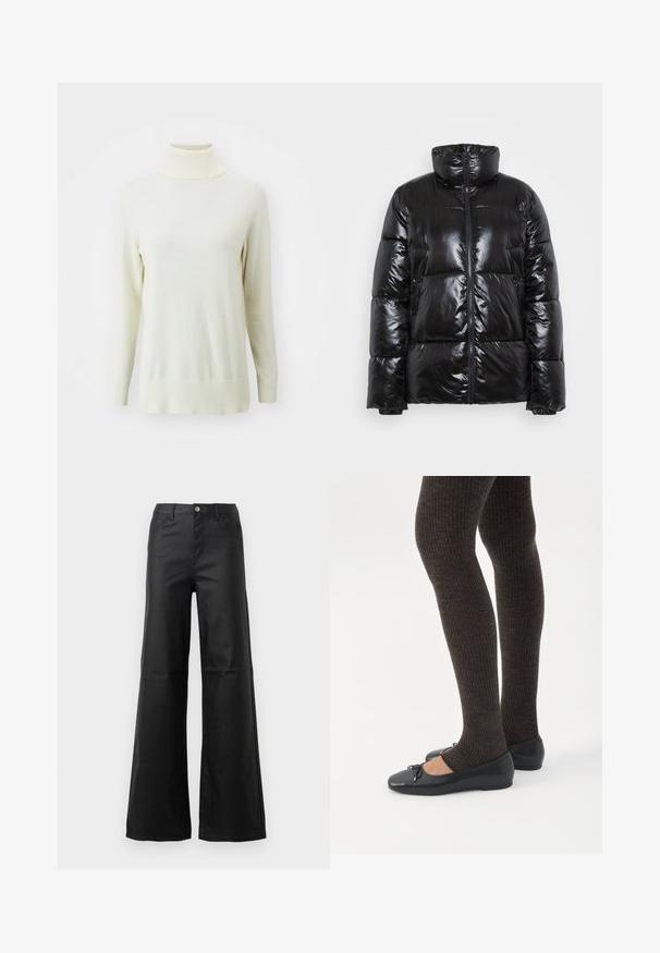 Doudoune noire en matériau brillant, dotée d'un col haut, d'une fermeture éclair et d'un design matelassé avec de grandes sections rembourrées.; Pull en col roulé couleur crème clair, manches longues, poignets et col côtelés, texture lisse, coupe standard.; Jean noir à jambe large en denim lisse, avec une fermeture à bouton, des poches avant et une taille haute.; Jambes portant des leggings côtelés foncés associés à des ballerines noires avec de petits détails en nœud sur fond blanc.