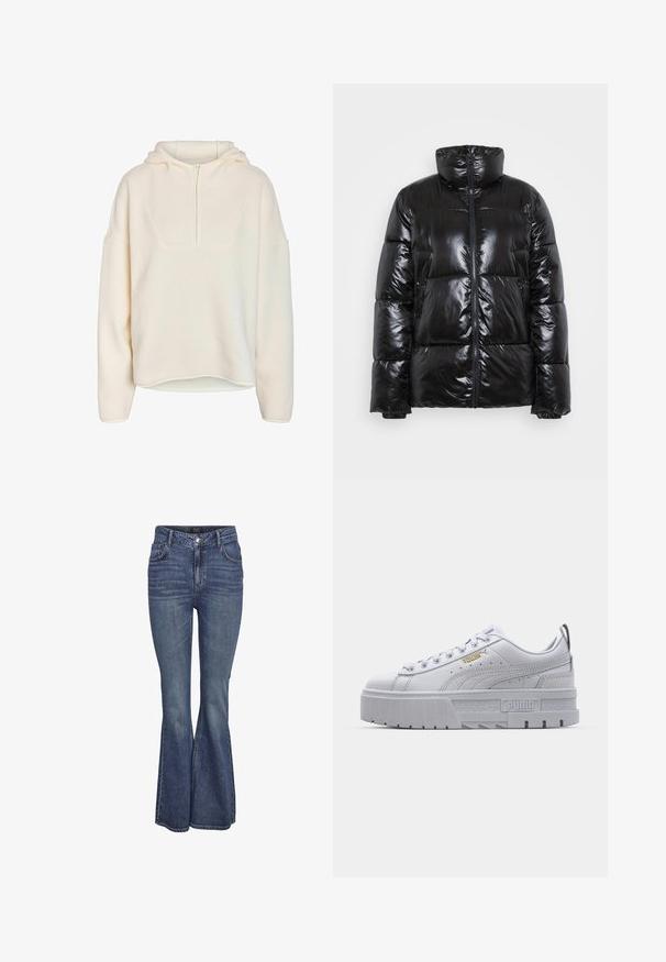 Sort pufferjakke lavet af glansfuldt materiale, med høj krave, lynlås lukning og quiltet design med store polstrede sektioner.; Noisy May Half-Zip Fleece NMCOZY - Fleecetrøjer - eggnog; Flared denim jeans i mørkeblå vask med høj talje, fem-lomme design og subtile syningsdetaljer langs sømmene.; Hvide platform sneakers med en glat læderoverdel, polstret krave, grå gummisål og gyldne detaljer med Puma-logoet.