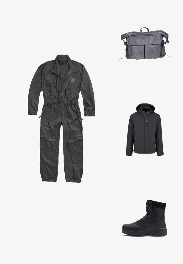 Chaqueta softshell negra con capucha, cremallera frontal y dos bolsillos laterales con puños ajustables. Textura suave y diseño minimalista.; Mono negro de manga larga con cremallera frontal, cintura y puños elásticos, múltiples bolsillos con cremallera y cuello mao con botón a presión.; Bota táctica negra con parte superior de piel lisa y paneles de tela, diseño de tobillo alto, cierre con cordones y suela de goma resistente.; Mochila gris con cierre enrollable, hecha de un tejido duradero, que cuenta con un bolsillo frontal con solapa, clips laterales y correas ajustables para un transporte versátil.