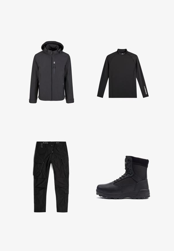 Schwarze Softshell-Jacke mit Kapuze, Frontreißverschluss und zwei seitlichen Taschen sowie verstellbaren Manschetten. Glatte Textur und minimalistisches Design.; Schwarzes Langarm-Sportoberteil mit Stehkragen, schlanker Passform und weißem "J.Lindeberg"-Logo am linken Ärmel und Kragen.; G-STAR TOOLBOX - Cargohose - dk black; Schwarzer taktischer Stiefel mit einem glatten Lederoberteil und Stoffpaneelen, hoher Knöchelgestaltung, schnürbarem vorderen Teil und robustem Gummisohle.