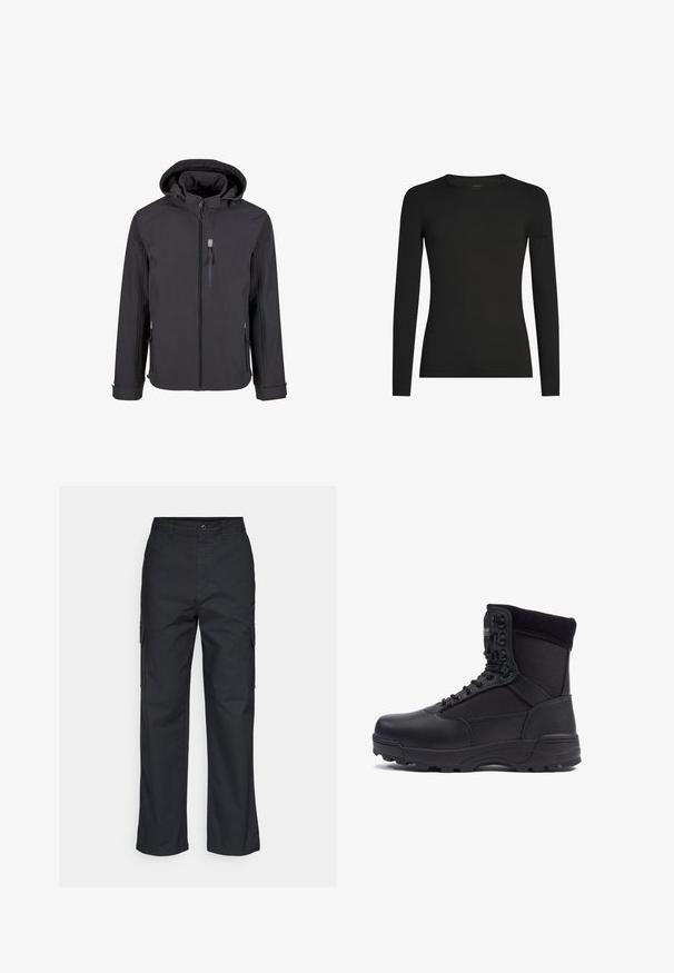 Sort softshell jakke med hætte, frontlynlås og to sidelommer med justerbare manchetter. Glat tekstur og minimalistisk design.; Sort, tætsiddende langærmet T-shirt med rund hals og et diskret Icebreaker-logo på venstre ærme, vist på en hvid baggrund.; Sorte cargo bukser med lige ben i designet, der har sidelommer og et tekstureret stof. Knaplukning i taljen for en sikker pasform.; Sort taktisk støvle med en glat læderoverdel og stofpaneler, høj ankeldesign, snørebånd foran og slidstærk gummisål.