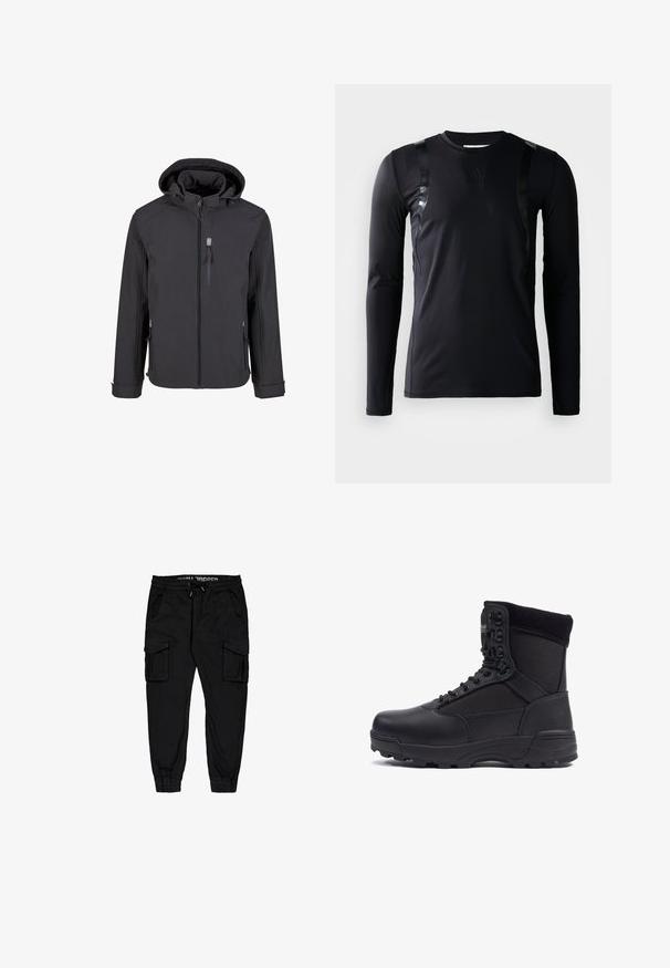 Sort softshell jakke med hætte, frontlynlås og to sidelommer med justerbare manchetter. Glat tekstur og minimalistisk design.; Sort langærmet træningsskjorte lavet af glat, strækbart stof. Har glansfulde sorte detaljer på skuldrene og et Adidas-logo på brystet.; Sorte cargobukser lavet af letvægtsstof, med elastisk talje, snor, og flere sidelommer samt tætsiddende cuffs.; Sort taktisk støvle med en glat læderoverdel og stofpaneler, høj ankeldesign, snørebånd foran og slidstærk gummisål.