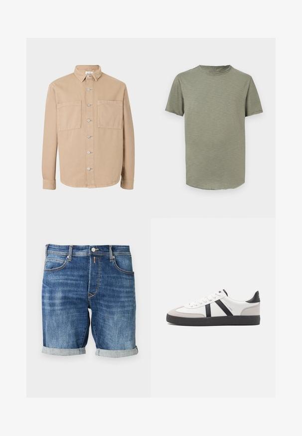 Chemise beige à manches longues avec un col, des boutons argentés et deux poches avant. Fabriquée en tissu de coton doux. Design classique, coupe non structurée.; T-shirt à manches courtes et col rond uni de couleur vert olive doux avec une texture subtile sur fond blanc.; Short en jean d'un bleu moyen, présentant un design classique avec un revers roulé à l'ourlet, des coutures contrastantes et des poches avant.; Baskets blanches avec des accents noirs et gris, présentant un embout texturé gris, une semelle en caoutchouc noir et des lacets plats blancs. Design épuré, style minimaliste.