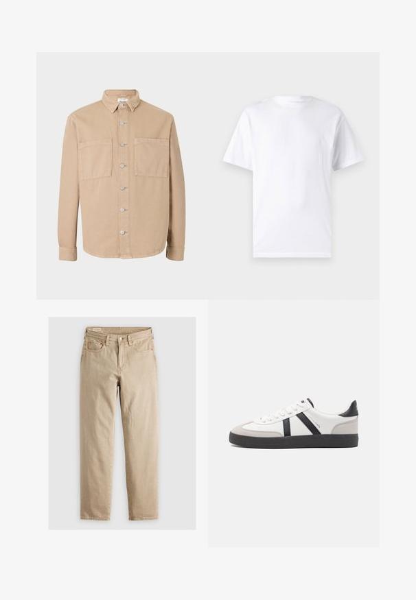 Camisa de manga larga beige con cuello tipo camisa, botones plateados y dos bolsillos frontales. Hecha de suave tela de algodón. Diseño clásico, ajuste sin estructura.; Camiseta blanca de manga corta hecha de algodón con cuello redondo, que presenta una textura suave y un diseño simple sin patrones ni acentos.; Jeans de mezclilla beige con corte recto, que cuentan con cinco bolsillos, cierre frontal con botón y detalles de costura sutiles. Textura suave, diseño informal.; Zapatilla blanca con acentos en negro y gris, que presenta una puntera texturizada en gris, suela de goma negra y cordones planos blancos. Diseño limpio, estilo minimalista.
