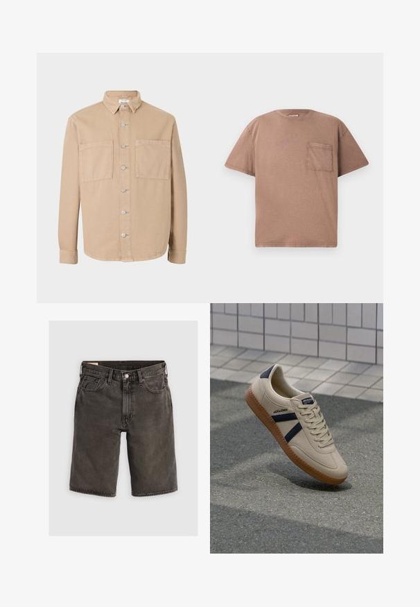 Beige Langarmhemd mit Kragen, silbernen Knöpfen und zwei Vordertaschen. Aus weichem Baumwollstoff gefertigt. Klassisches Design, unstrukturierte Passform.; Kurzärmliges T-Shirt mit Rundhalsausschnitt aus leicht braunem Baumwollstoff, mit einer einzelnen Brusttasche und subtiler Textur. Gerade Passform mit sauberen Kanten.; Dunkelgraue Jeansshorts mit regulärer Passform, ausgestattet mit fünf Taschen, einem Knopfverschluss und einem strukturierten Bund. Weicher Stoff, klares Design.; Beige Sneaker mit strukturierter Oberfläche, dunkelblauen Streifen und Gummisohle. Verfügt über eine gepolsterte Zunge und ein traditionelles Schnürsystem für einen sicheren Sitz.
