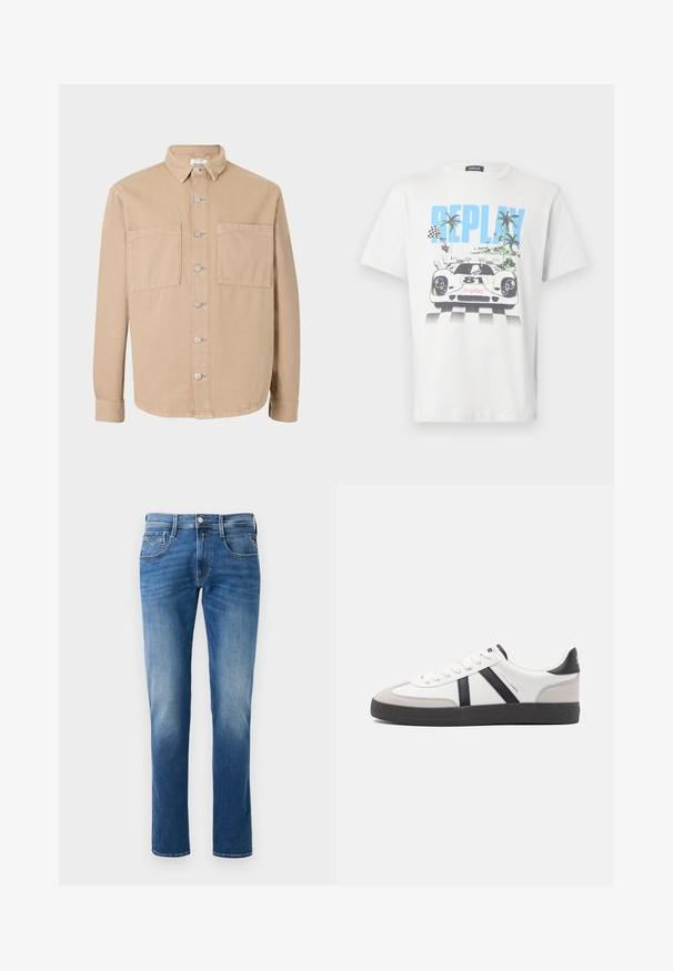 Beige Langarmhemd mit Kragen, silbernen Knöpfen und zwei Vordertaschen. Aus weichem Baumwollstoff gefertigt. Klassisches Design, unstrukturierte Passform.; Weißes Baumwoll-T-Shirt mit einem bunten Motiv eines Rennwagens, Palmen und Schachbrett-Flaggen, mit dem Schriftzug "REPLAY" gut sichtbar.; Herren Jeans aus blauem Denim mit einem verwaschenen Finish, gerader Beinschnitt, fünf Taschen und einem Knopfverschluss vorne. Genähte Akzente an den Taschen.; Weiße Sneaker mit schwarz- und grau-aczenten, ausgestattet mit einer strukturierten grauen Zehenkappe, schwarzer Gummi-Sohle und flachen weißen Schnürsenkeln. Sauberes Design, minimalistische Stil.