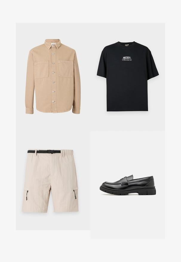 Camisa de manga larga beige con cuello tipo camisa, botones plateados y dos bolsillos frontales. Hecha de suave tela de algodón. Diseño clásico, ajuste sin estructura.; Camiseta de algodón negra, corte oversize, con texto blanco "MICKEY" y "CALIFORNIA FOOTBALL TEAM" impreso en el frontal, cuello redondo.; Bermudas cargo beige con cinturilla elástica, cinturón negro ajustable y bolsillos laterales con cremallera. Hechas de una tela ligera con una textura sutil.; Mocasin de cuero negro con una cinta ancha en el empeine, suela de goma con tacos gruesos y textura suave. Diseño clásico y elegante.