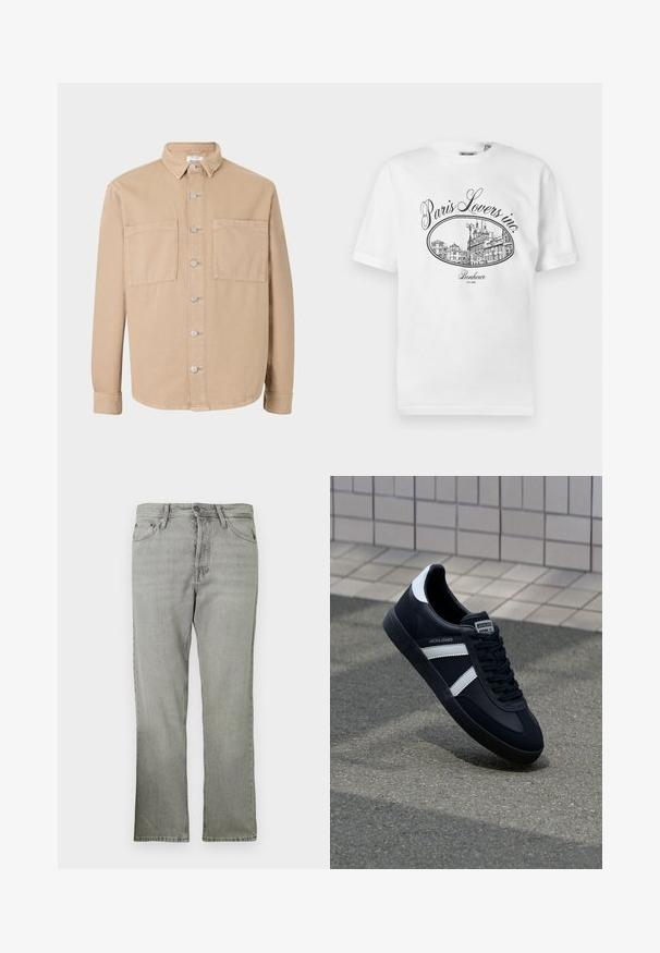 Beige langarmshirt met kraag, zilveren knopen en twee borstzakken. Gemaakt van zachte katoen. Klassiek ontwerp, onverstuwd pasvorm.; Witte katoenen T-shirt met een zwarte illustratieve print van een Parijs stadsgezicht en de tekst "Paris Lovers inc." en "Bonheur EST.1992."; Lichtgrijze denim jeans met een recht model, voorzien van vijf zakken, een rits aan de voorkant en een subtiele verouderde textuur.; Zwarte leren sneaker met witte strepen, een gestructureerde rubberen zool en vetersluiting aan de voorkant. Voorzien van een merklabel op de tong.