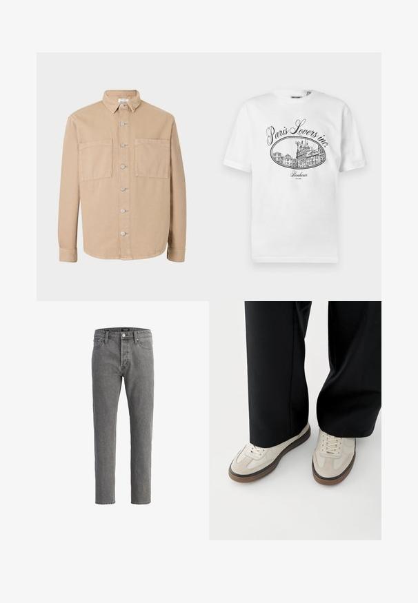 Beige Langarmhemd mit Kragen, silbernen Knöpfen und zwei Vordertaschen. Aus weichem Baumwollstoff gefertigt. Klassisches Design, unstrukturierte Passform.; Weißes Baumwoll-T-Shirt mit einem schwarzen illustrativen Druck einer Pariser Stadtszene und dem Text "Paris Lovers inc." sowie "Bonheur EST.1992."; Graue Jeans aus Denim mit geradem Schnitt, fünf Taschen und Metallknopfverschluss. Der Stoff hat eine weiche, strukturierte Oberfläche.; Füße mit beigen Sneakers mit braunen Sohlen und schwarzen Hosen mit weitem Bein auf weißem Hintergrund.