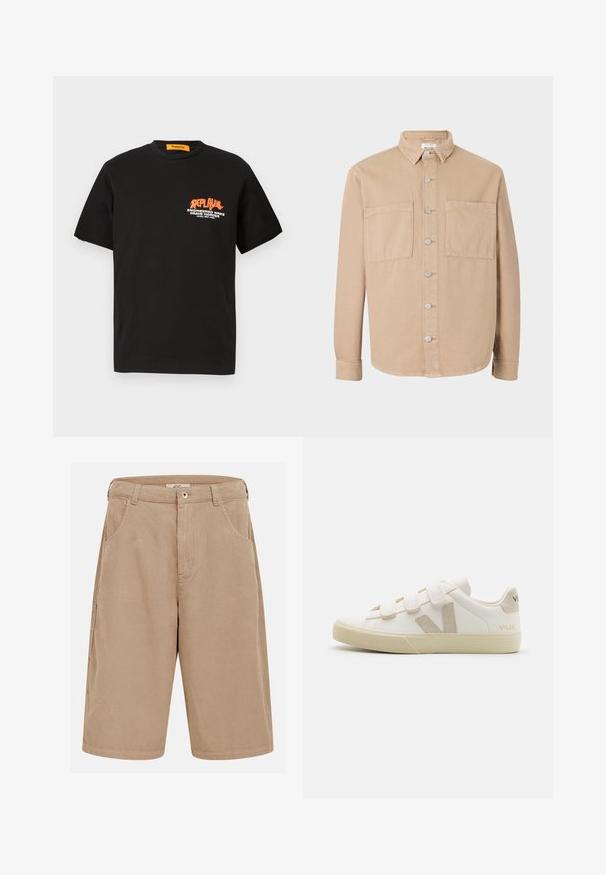 Camisa de manga larga beige con cuello tipo camisa, botones plateados y dos bolsillos frontales. Hecha de suave tela de algodón. Diseño clásico, ajuste sin estructura.; Camiseta de algodón negra con mangas cortas, que presenta un diseño gráfico de texto en naranja y blanco en la parte delantera. Cuello redondo, ajuste relajado.; Pantalones cortos de pana beige hasta la rodilla con trabillas para cinturón, bolsillos delanteros y cierre de botón.; Zapatillas de cuero blancas con correas de Velcro, acentos beige, punta redondeada, suela de goma texturizada y logo en relieve. Diseño minimalista.