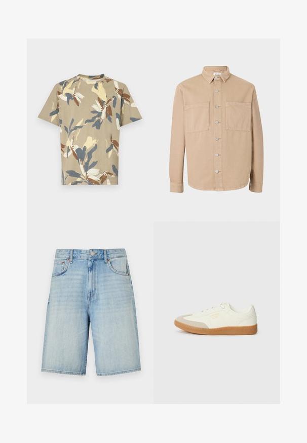 Beige Langarmhemd mit Kragen, silbernen Knöpfen und zwei Vordertaschen. Aus weichem Baumwollstoff gefertigt. Klassisches Design, unstrukturierte Passform.; Kurzärmliges, Rundhalsausschnitt-T-Shirt in Beige mit mehrfarbigem Blumenmuster in Blau, Gelb und Braun. Weicher Stoff mit lässiger Passform.; Hellblaue Jeansshorts mit geradem Schnitt, ausgestattet mit einem Knopf- und Reißverschluss, fünf Taschen und einem leicht verwaschenen Finish.; Sneaker aus weißem Leder mit einer beigen Zehenkappe und leichter brauner Gummisohle. Verfügt über flache weiße Schnürsenkel und geprägtes Branding an der Seite.
