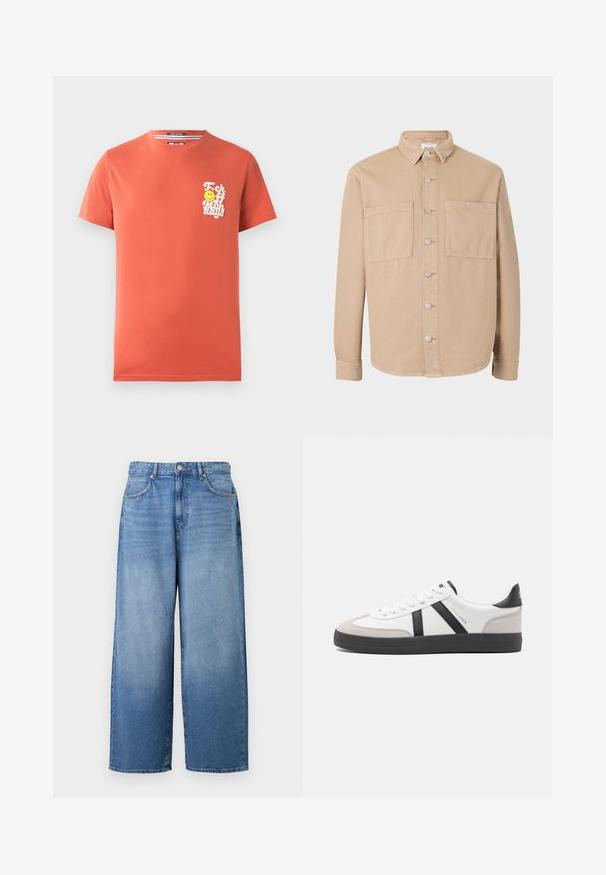 Beige Langarmhemd mit Kragen, silbernen Knöpfen und zwei Vordertaschen. Aus weichem Baumwollstoff gefertigt. Klassisches Design, unstrukturierte Passform.; T-Shirt mit kurzen Ärmeln aus korallenfarbener Baumwolle. Mit einem weißen Grafikdruck und einem Smiley im linken Brustbereich. Rundhalsausschnitt.; Weite Jeans in Hellblau mit leicht ausgewaschenem Finish. Klassisches Fünf-Taschen-Design und Metallknopfverschluss.; Weiße Sneaker mit schwarz- und grau-aczenten, ausgestattet mit einer strukturierten grauen Zehenkappe, schwarzer Gummi-Sohle und flachen weißen Schnürsenkeln. Sauberes Design, minimalistische Stil.