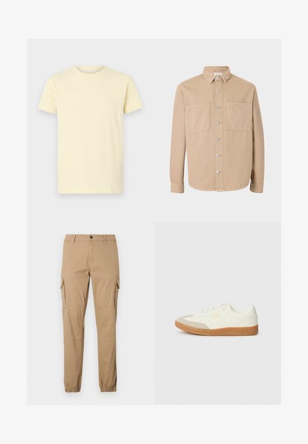 Beige Langarmhemd mit Kragen, silbernen Knöpfen und zwei Vordertaschen. Aus weichem Baumwollstoff gefertigt. Klassisches Design, unstrukturierte Passform.; Helles gelbes Baumwoll-T-Shirt mit kurzen Ärmeln und rundem Halsausschnitt; verfügt über ein kleines weißes Logo auf der oberen linken Brust.; Beige Cargohosen aus Baumwollmischung, mit seitlichen Cargotaschen, zulaufenden Beinen, elastischen Bündchen und Knopfverschluss an der Taille.; Sneaker aus weißem Leder mit einer beigen Zehenkappe und leichter brauner Gummisohle. Verfügt über flache weiße Schnürsenkel und geprägtes Branding an der Seite.