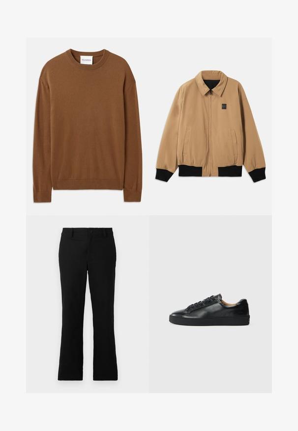 Béžová zipsová bunda s čiernymi manžetami a spodným lemom, golierom, dvomi bočnými vreckami a malým logom EA7 na ľavej hrudi.; CLOSED CREW NECK LONG SLEEVE - Svetrík - light mocha brown; Čierne rozšírené nohavice z bavlnenej zmesi, s gombíkovým zapínaním, pútkami na opasok a hladkým povrchom bez viditeľných vzorov.; Čierne kožené tenisky s hladkým povrchom, okrúhlou špičkou a šnúrkami. Majú hrubú gumenú podrážku a minimálne značkové detaily.