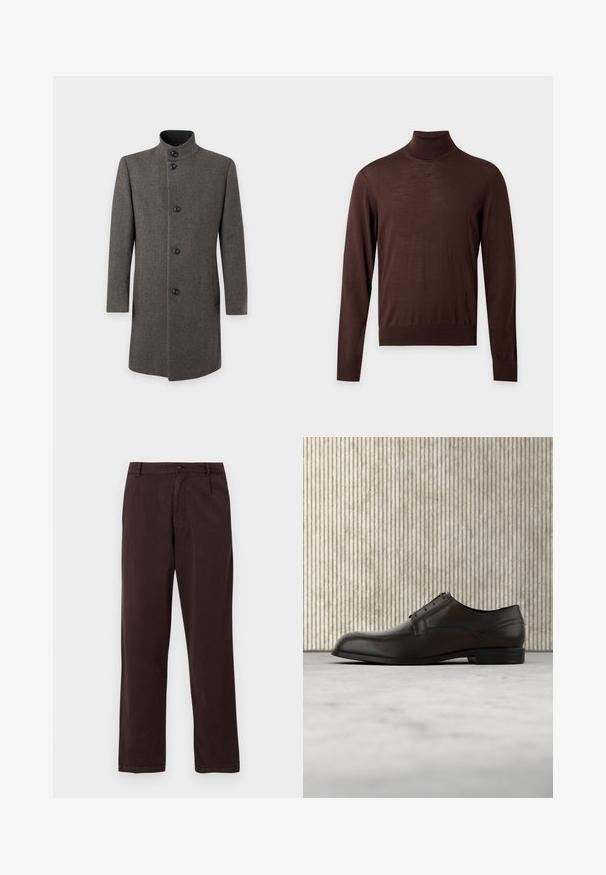 Manteau pour homme gris en mélange de laine avec un col montant et cinq boutons noirs sur le devant, présenté sur fond blanc.; Pull marron à col roulé à manches longues avec poignets, ourlet et col en côte, présenté sur un fond clair uni.; Pantalon droit marron foncé avec fermeture par bouton et zip, passants de ceinture et poches latérales, présenté sur un fond blanc.; Chaussure habillée en cuir marron avec un bout arrondi, des coutures minimales et une finition lisse. Elle présente un faible talon et un design de laçage simple.