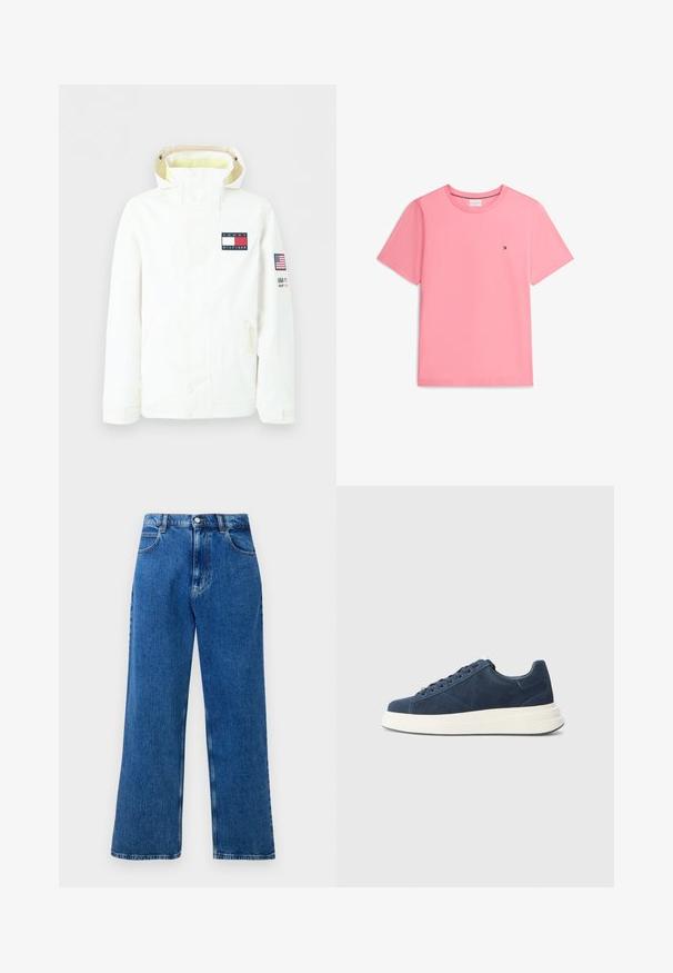 Witte gewatteerde jas met capuchon, Tommy Hilfiger-logo op de borst en Amerikaanse vlagpatch op de mouw, met zakken aan de voorkant en sluitingen met ritssluiting en knopen.; Effen roze T-shirt met korte mouwen en ronde hals met klein Tommy Hilfiger-logo op de linkerborst.; Blauwe hoge taille, brede spijkerbroek met knoop- en ritsluiting aan de voorkant, riemlussen en vijf zakken.; Marineblauwe suède sneakers met een witte rubberen zool, voorzien van zes veterogen, een gestructureerde voering en een minimalistisch ontwerp met subtiele stikdetails.