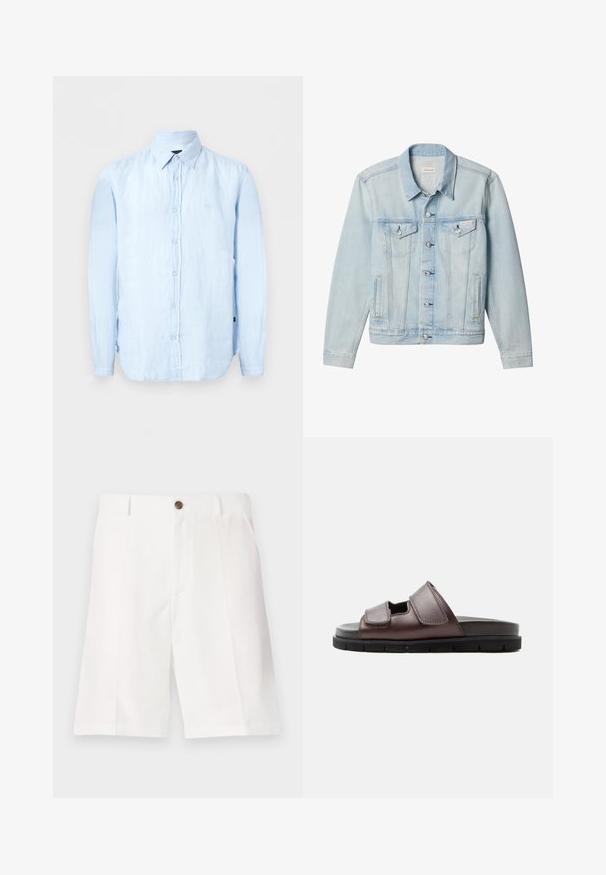 Veste en denim bleu clair avec fermeture à boutons, deux poches poitrine à rabat avec boutons, poches latérales et étiquette Calvin Klein sur la poche poitrine gauche.; Chemise bleu clair à manches longues avec boutons et col pointu, fabriquée dans un tissu légèrement texturé.; Shorts bermuda blancs en tissu léger avec une coupe décontractée, dotés d'un unique bouton marron et de poches avant.; Sandale en cuir marron avec deux brides Velcro ajustables et une semelle noire coussinée sur fond blanc.