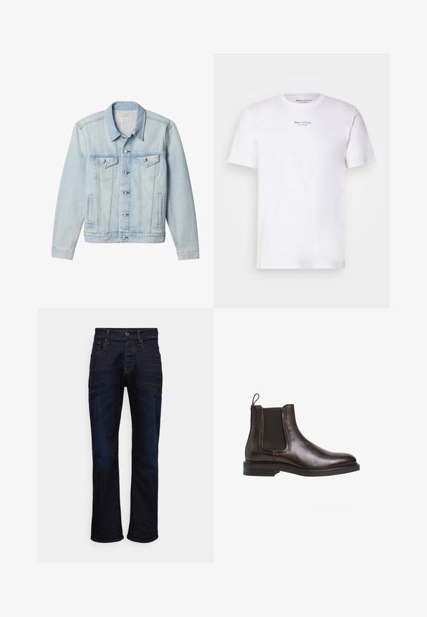 Lichtblauw spijkerjack met knopen aan de voorkant, twee borstzakken met klep en knopen, zijzakken en een Calvin Klein-label op de linkerbovenzak.; Witte T-shirt met korte mouwen van katoen met een ronde hals. Heeft het "Marc O'Polo" logo in het zwart op de borst. Soepele textuur, minimalistisch ontwerp.; Donkerblauwe spijkerbroek met een recht model, vijf zakken en contrasterende stikseldetails. Het materiaal heeft een zachte, geweven structuur.; Bruine leren Chelsea-boot met elastische zijpanelen, een lus om aan te trekken en een lage gestapelde hak. Gladde textuur en slanke silhouet.
