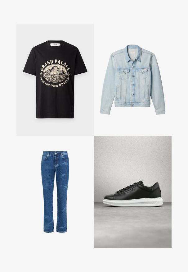Chaqueta vaquera azul claro con cierre de botones en la parte delantera, dos bolsillos con solapa y botón en el pecho, bolsillos laterales y etiqueta de Calvin Klein en el bolsillo izquierdo del pecho.; Camiseta de algodón negra con un estampado gráfico en beige de una montaña y texto que dice "Grand Palace Replay Belle Epoque Hotel". Diseño sencillo de cuello redondo.; Jeans de mezclilla azul con corte recto en las piernas, detalles descoloridos y arrugados, cierre frontal con botón y cremallera, y bolsillos delanteros y traseros.; Zapatillas de cuero negro con una textura suave, suela de goma blanca y cordones planos negros. Presentan la marca "KARL LAGERFELD" en el lateral.