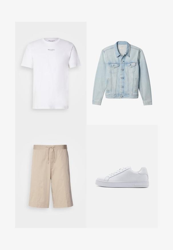 Lichtblauw spijkerjack met knopen aan de voorkant, twee borstzakken met klep en knopen, zijzakken en een Calvin Klein-label op de linkerbovenzak.; Witte T-shirt met korte mouwen van katoen met een ronde hals. Heeft het "Marc O'Polo" logo in het zwart op de borst. Soepele textuur, minimalistisch ontwerp.; Beige katoenen shorts met een elastische tailleband, trekkoord en rechte pasvorm. Heeft geen zakken en een gladde, lichte textuur.; Witte leren sneaker met een soepele textuur, ronde neus, vetersluiting aan de voorkant en platte rubberen zool. Voorzien van reliëfbranding op de hak.