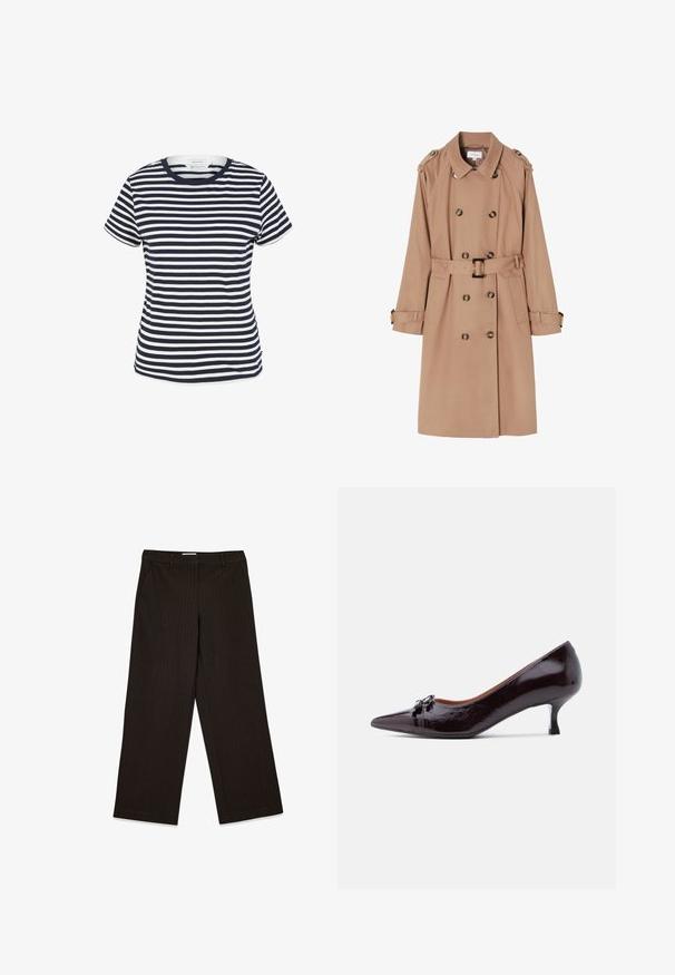 Khakifarbenes Trenchcoat aus glattem Stoff, mit doppelreihigem Verschluss, tailliertem Gürtel, Schulterepauletten und goldfarbenen Knöpfen.; Navy- und weiß gestreiftes T-Shirt aus Bio-Baumwolle, mit Rundhalsausschnitt und kurzen Ärmeln, mit geradem Saum am unteren Ende.; Schwarze Nadelstreifen-Hosen mit geradem Bein, Gürtelschlaufen und seitlichen Taschen, entworfen für formelle oder geschäftliche Anlässe.; Dunkelbrauner Lackleder-Pumps mit spitzer Zehenpartie, kleinem dekorativem Schleifchen vorne und niedrigem schlankem Absatz.