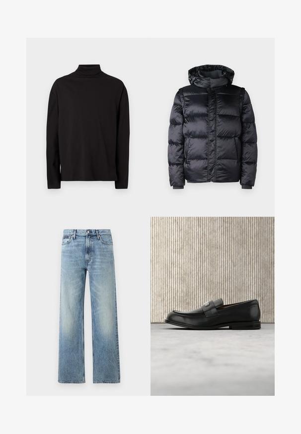 Zwarte gewatteerde winterjas met een capuchon, voorkant met rits en stormflap, zijzakken en geribbelde polsen.; Zwarte turtleneck met lange mouwen, gemaakt van een zachte, gladde stof met een comfortabele pasvorm en zonder zichtbare patronen of accenten.; Lichtblauwe denim jeans met rechte pijpen, een hoge taille, vijf zakken, knoopsluiting en subtiele vervaging op de dijen en knieën.; Zwarte leren loafer met een metalen merktekenplaatje, rustend bij een bruine ronde tafel op een beige tapijtvloer.