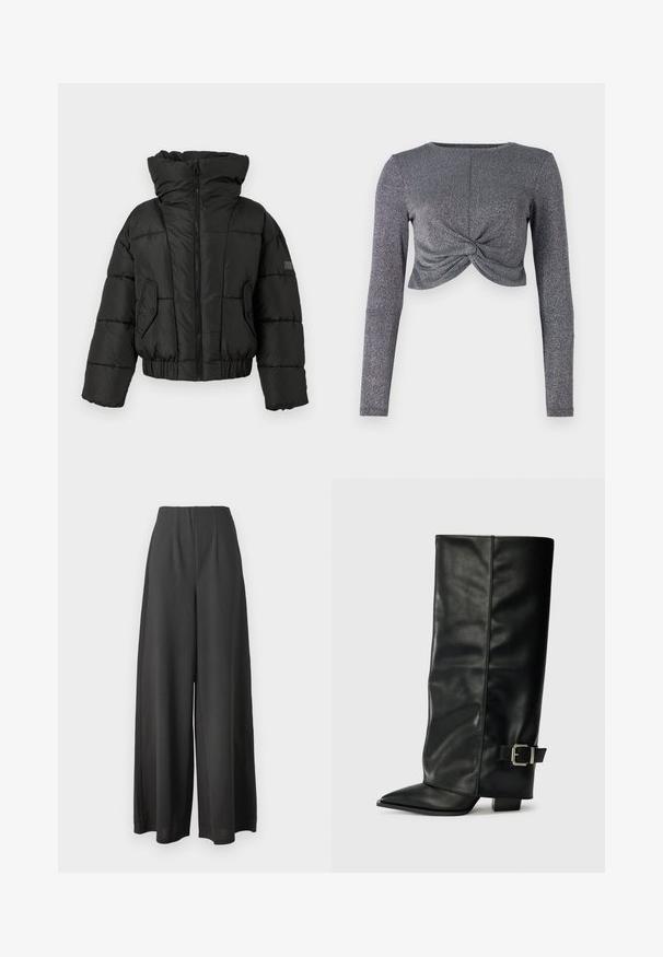 Sort pufferjakke med høj krave, fuld frontlynlås, elastiske manchetter og bånd. Har kviltede sektioner og en sidelomme.; Sølv langærmet cropped top med snoet frontdesign, der har et struktureret, glitrende stof for ekstra glans og dimension.; Sorte vide bukser lavet af et glat stof, med høj talje og plisseret design for ekstra struktur og dybde.; Sorte læder ankelstøvler i ankellængde med spids tå, glat tekstur og en sølvspændeaccents på siden. Kraftig firkantet hæl.