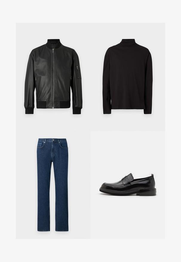 Chaqueta bomber de cuero negro con cremallera frontal, cuello, puños y dobladillo acanalados, y bolsillo con cremallera en la manga izquierda.; Suéter de cuello vuelto negro de manga larga, elaborado con una tela suave y lisa, que tiene un corte holgado y carece de patrones o acentos visibles.; Jeans de denim azul oscuro con corte recto, que cuentan con un cierre frontal de botón, presillas para cinturón y un diseño de bolsillo estándar.; Calvin Klein MOCCASIN - Mocasines elegantes - black