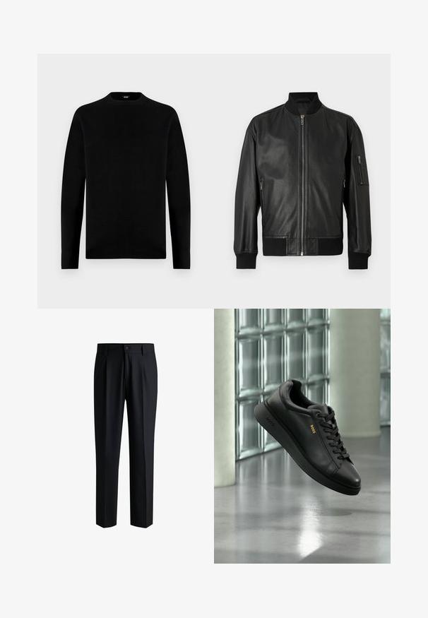 Chaqueta bomber de cuero negro con cremallera frontal, cuello, puños y dobladillo acanalados, y bolsillo con cremallera en la manga izquierda.; Sudadera negra de manga larga con cuello redondo, de diseño sencillo y sólido, con una pequeña etiqueta de la marca en el interior del cuello.; Pantalones negros de tela suave, con un diseño de pierna recta, pliegues en la parte delantera y cierre de botón con trabillas para cinturón.; Zapatilla deportiva baja de cuero negro con cordones, logo dorado "BOSS" en el lateral, mostrada flotando en interiores contra un fondo de bloques de vidrio y hormigón.