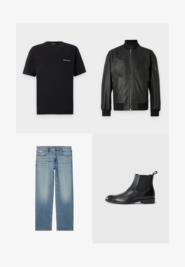 Schwarze Leder-Bomberjacke mit vorderem Reißverschluss, geripptem Kragen, Bündchen, Saum und Reißverschlusstasche am linken Ärmel.; Schwarzes Kurzarm-Crewneck-T-Shirt mit kleinem weißen "BELSTAFF"-Logo auf der linken Brust vor einem schlichten Hintergrund.; Hellblaue Jeans mit geradem Bein, ausgewaschenen Details, vorderem Knopf und Reißverschluss sowie einem Fünf-Taschen-Design inklusive kleinem Calvin Klein Label auf der Tasche.; Schwarze Leder-Stiefelette mit elastischen Seiteneinsätzen, abgerundeter Zehenpartie und einem Zugschlauf. Glatte Textur, flache Sohle, minimalistisches Design.