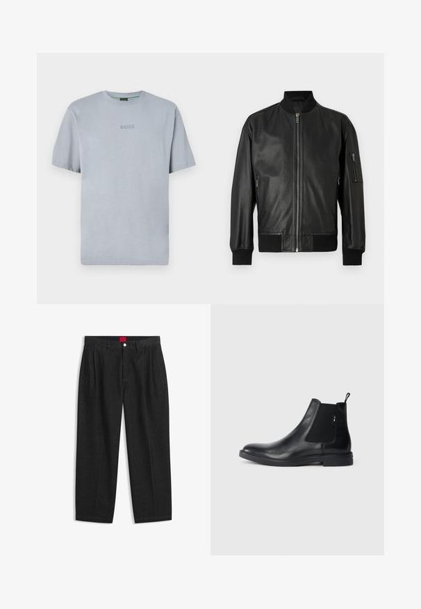 Chaqueta bomber de cuero negro con cremallera frontal, cuello, puños y dobladillo acanalados, y bolsillo con cremallera en la manga izquierda.; Camiseta de color azul claro, de manga corta, hecha de una tela suave con un escote redondo. Presenta un logo bordado de "BOSS" en el pecho.; Pantalones negros de talle alto con pliegues delanteros, trabillas para cinturón, cierre con botón y cremallera, y una etiqueta roja en el interior de la cintura.; Botines Chelsea de cuero negro con paneles elásticos laterales, una pestaña para tirar y una suela de goma plana. Textura suave con un detalle mínimo.