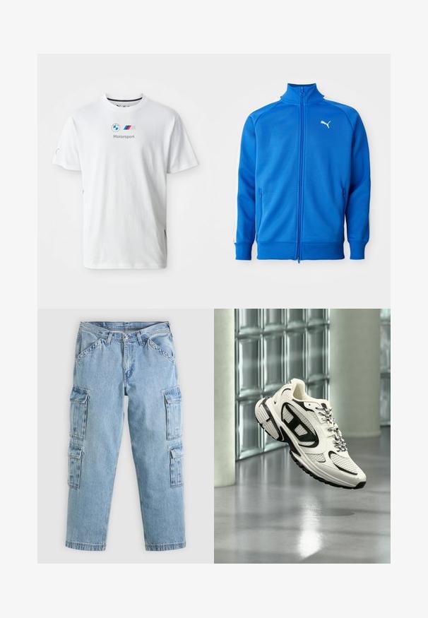 Modrá bunda na zips z textúrovanej látky. Obsahuje biele bočné pruhy a zvýšený golier. Má dve vrecká na zips.; Biela bavlnená tričko s logom BMW, textom "Motorsport" v šedej farbe a farebnými akcentmi na bočných stranách. Krátke rukávy a dizajn s okrúhlym výstrihom.; Svetlomodré rifľové cargo nohavice so strihom s priamymi nohavicami, vybavené viacerými bočnými vreckami a klasickým pásom na gombík.; Bielo-čierny atletický teniska s detailmi z oka a vzorovanými šnúrkami, vznášajúca sa vo vzduchu v modernom vnútornom priestore so sklennými blokmi.