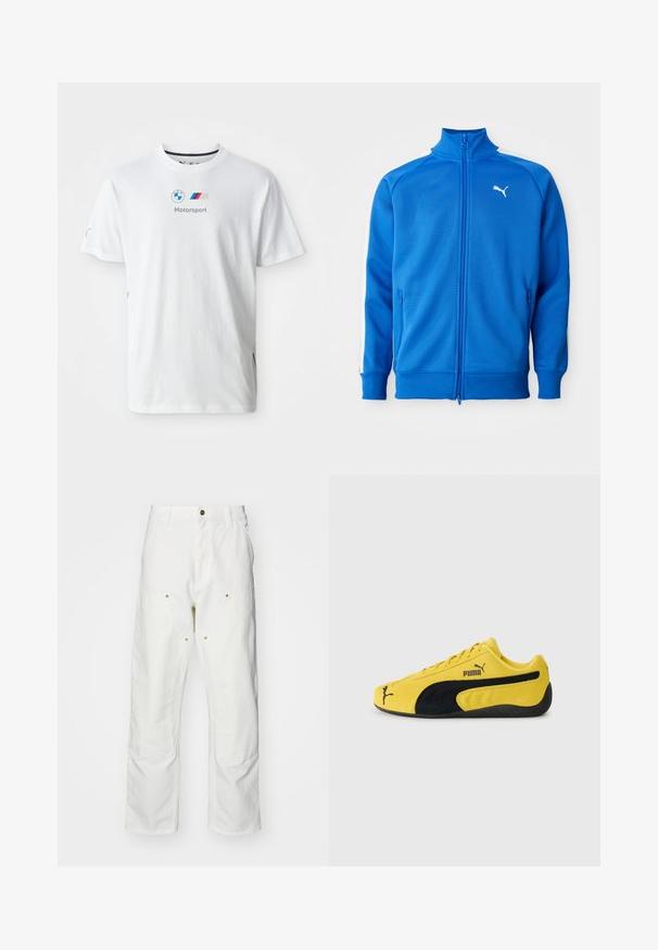 Blå zip-jakke lavet af struktureret stof. Har hvide striber i siden og en oprejst krave. Inkluderer to lynlåslommer.; Hvid bomulds t-shirt med BMW-logoet, "Motorsport" tekst i grå og farverige accenter på siderne. Kortærmet og med rund halsdesign.; Hvide bomulds cargo bukser med en afslappet pasform. Funktioner inkluderer for- og baglommer, guldfarvede hardware detaljer og forstærkede knæsektioner.; Gul ruskinds sneakers med sorte ruskindsdetaljer. Har en struktureret sål, snørelukning og Puma-logo på siden og tungen.