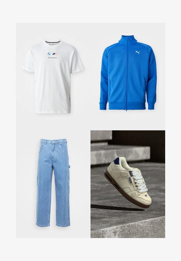 Modrá bunda na zips z textúrovanej látky. Obsahuje biele bočné pruhy a zvýšený golier. Má dve vrecká na zips.; Biela bavlnená tričko s logom BMW, textom "Motorsport" v šedej farbe a farebnými akcentmi na bočných stranách. Krátke rukávy a dizajn s okrúhlym výstrihom.; Svetlomodré džínsové cargo nohavice s rovnými nohavicami, prednými vreckami a bočnými cargo vreckami. Textúra látky je hladká s jemne vyblednutým povrchom.; Krémovo-námornícka teniska s hnedou podrážkou, bielymi šnúrkami a logom „Globe“, vznášajúca sa nad textúrovanými betónovými schodmi v tienistom vonkajšom prostredí.