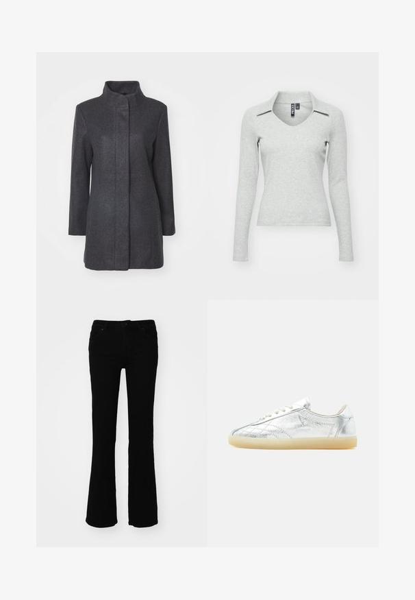 Manteau en laine gris charcoal avec un col haut, des manches longues et une coupe droite. Présente un design épuré et minimaliste sans fermetures visibles.; Haut gris clair à manches longues, en V avec col, fabriqué dans un tissu doux et texturé, présentant une coupe ajustée et un minimum de détails.; Jeans évasés noirs en denim, avec une taille mi-haute, cinq poches et des détails de surpiqûres subtils sur les poches arrière.; Basket basse profil avec dessus texturé argent métallisé, lacets blancs et semelle en caoutchouc beige semi-translucide, vue de côté sur fond blanc.