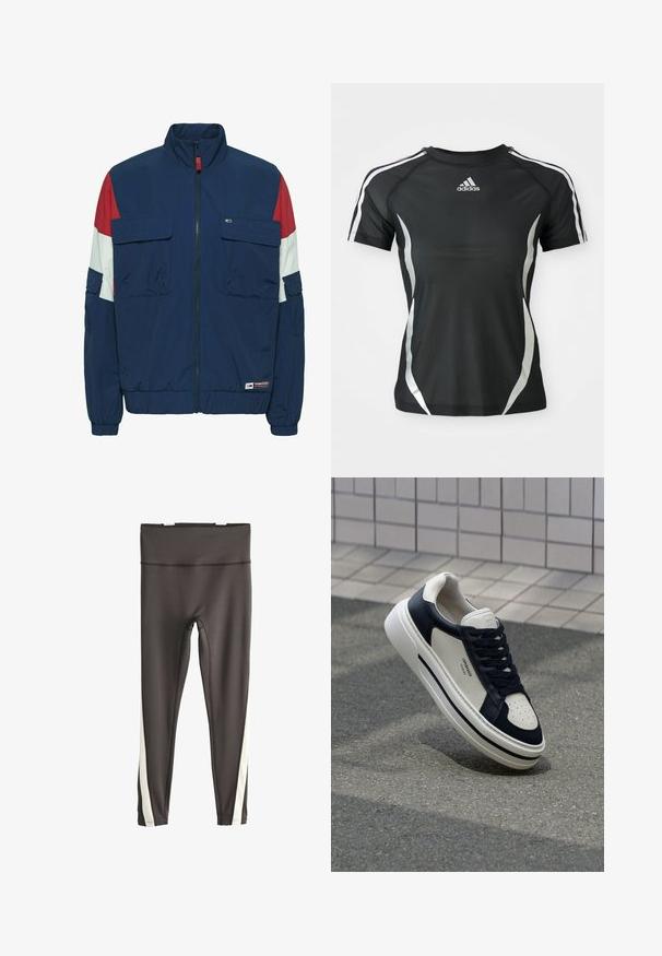 Marine windbreakerjack met rode en witte accenten, twee voorzakken, elastische mouwen en zoom, en een hoge kraag. Ademend materiaal.; Zwarte Adidas sport T-shirt met korte mouwen, voorzien van witte strepen op de schouders en zilveren gebogen accenten aan de zijkanten.; Zwarte legging met hoge taille en witte verticale strepen langs de buitenkant van beide benen, plat uitgelegd op een witte achtergrond.; Witte en marineblauwe leren sneakers met geperforeerde neus, veters en een getextureerde rubberen zool, met branding op de zijkant.