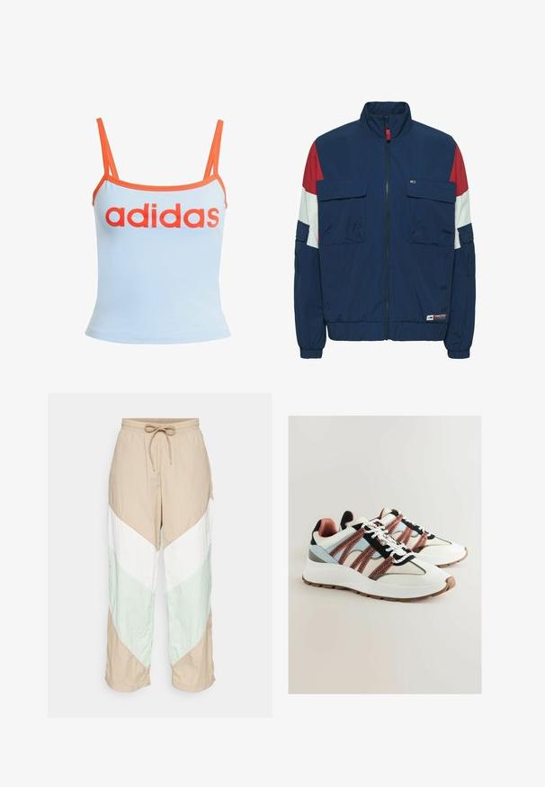 Chaqueta de rompevientos navy con acentos en rojo y blanco, dos bolsillos frontales, puños y dobladillo elásticos, y un collar alto. Tela transpirable.; Camiseta sin mangas de color azul claro con ribete naranja, que presenta un atrevido logotipo rojo de "adidas" en el pecho. Hecha de una tela suave y elástica. Tirantes finos.; Los pantalones ligeros de bloques de color presentan paneles en beige, blanco y verde claro con un diseño en forma de chevrón. Cintura elástica con cordón ajustable.; Zapatillas blancas con acentos de malla en rosa y negro, talón gris, punta redonda y suela blanca texturizada. Presenta cordones en contraste y patrones de costura.
