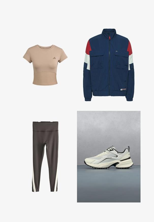 Marineblå vindjakke med røde og hvide detaljer, to forlommer, elastiske manchetter og kant, samt en høj krave. Åndbart stof.; Beige sports cropped t-shirt med korte ærmer, ribbet nederste del og subtilt logo på brystet. Glat tekstur, tætsiddende design.; Sorte leggings med høj talje og hvide lodrette striber langs ydersiden af begge ben, vist fladt på en hvid baggrund.; Hvid og sort Calvin Klein-sneaker hængende over udendørs trægulv med sløret grønt løv og grå baggrund.