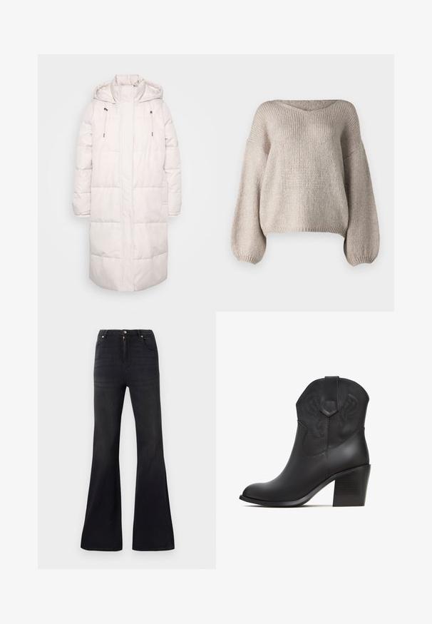 Lang lyserød quiltet vinterjakke med hætte, høj krave, snøre og frontlynlås.; Beige strikket sweater med bred V-udskæring, lange ballonærmer og en cropped kant. Teksturen er chunky og blød, med et enkelt design.; Sorte højtaljede denimjeans med flared ben, frontknap og lynlåslukning samt fem-lommen stil.; Sort læder cowboystøvle med spids tå, stikninger på skaftet og en tykk, stablet hæl. Har en trækflig.
