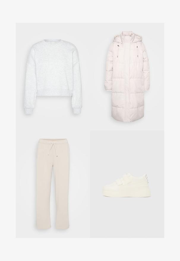 Langer, hellrosa gesteppter Wintermantel mit Kapuze, hohem Kragen, Kordelzügen und durchgehendem Reißverschluss.; Helle graue, langärmlige, gekürzte Sweatshirt mit gerippten Bündchen und hohem Rundhalsausschnitt, auf einem schlichten hellen Hintergrund präsentiert.; Cremefarbene gerade Sweatpants mit elastischem Bund und Kordelzug auf einem schlichten weißen Hintergrund.; Weißer Plateausneaker mit doppelten Klettverschlüssen und silbernen Nieten an der Ferse, von der Seite vor einem einfarbigen Hintergrund gezeigt.